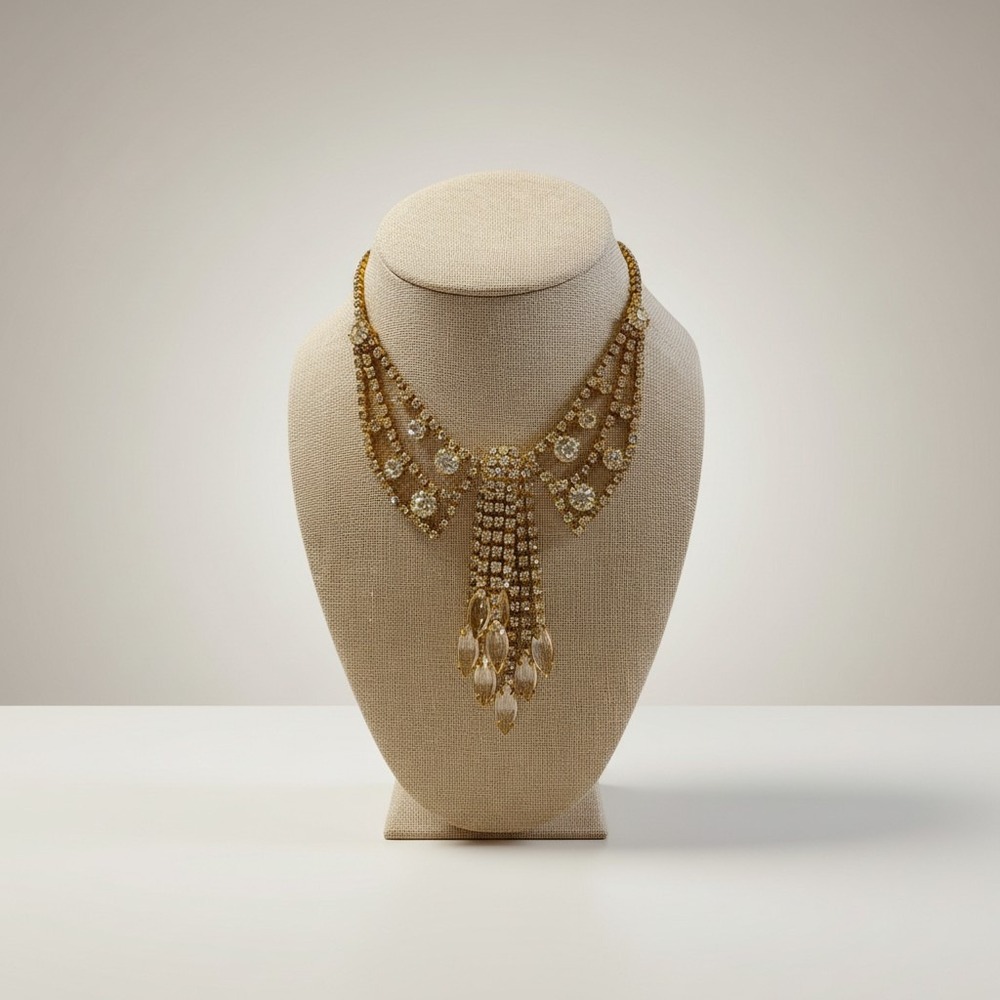 Vintage Gold tone bib necklace with waterfall accent statement bridal